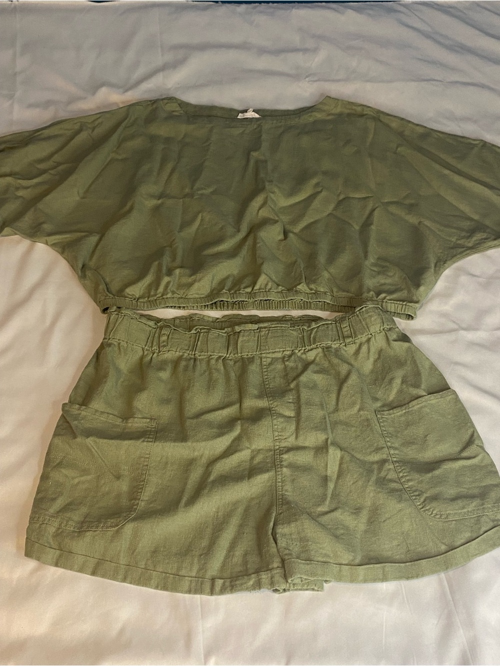 Kendall & Kylie Women's 2pc Set XL Green Crop Top Shorts Cotton Woven Pockets